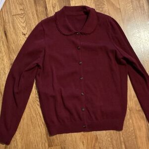 Women's Burgundy Button-Up Sweater with Peter Pan Collar